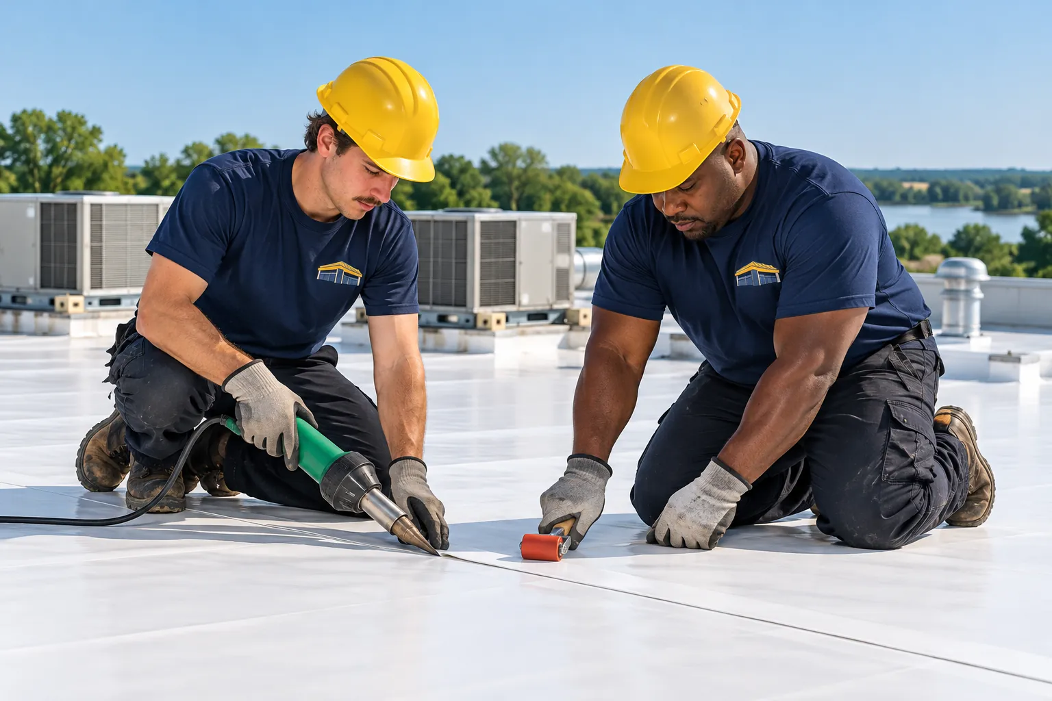 Roofers heat-welding white TPO membrane seams on a low-slope commercial roof