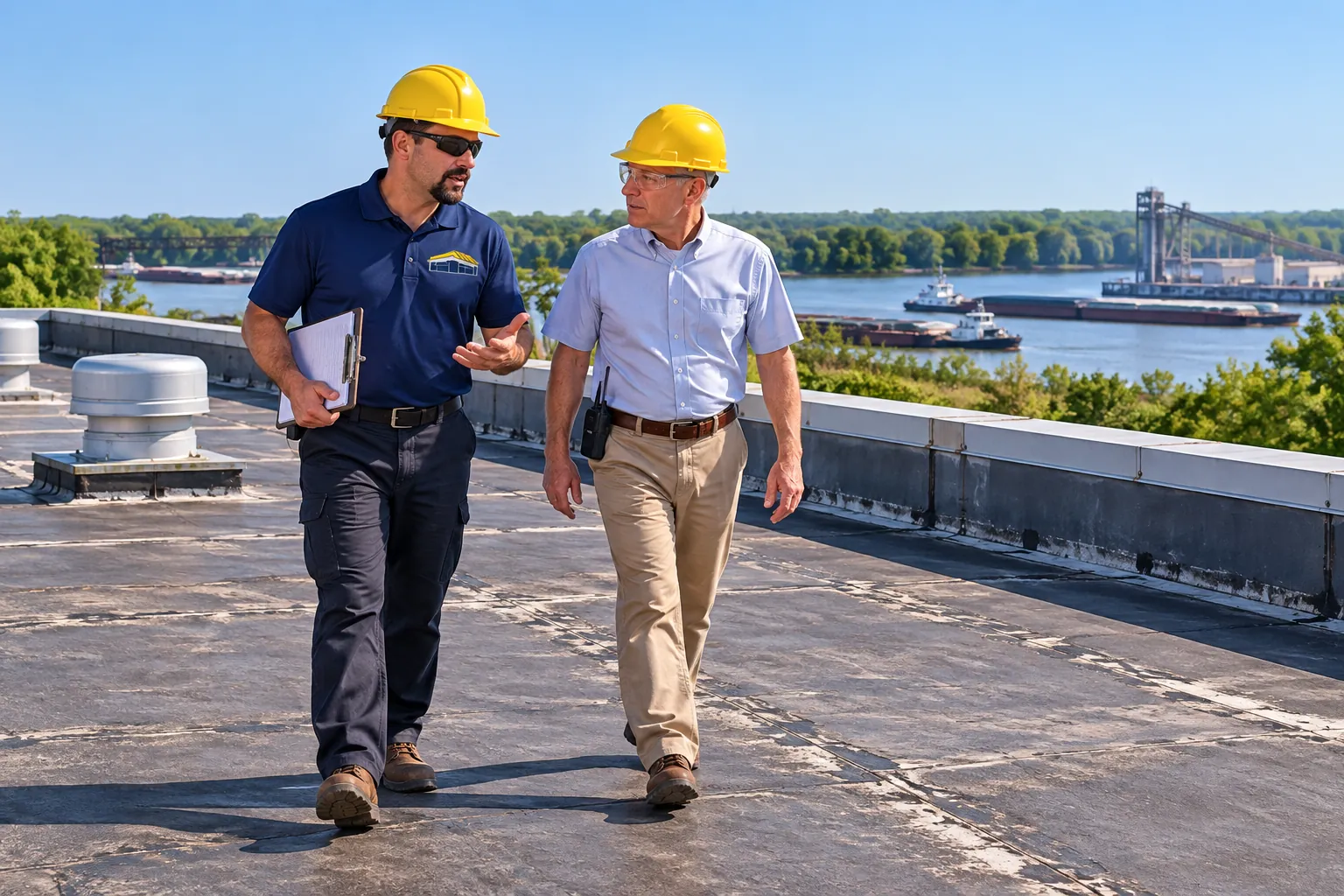 Roofer walking a commercial roof to check seams, drains and flashing